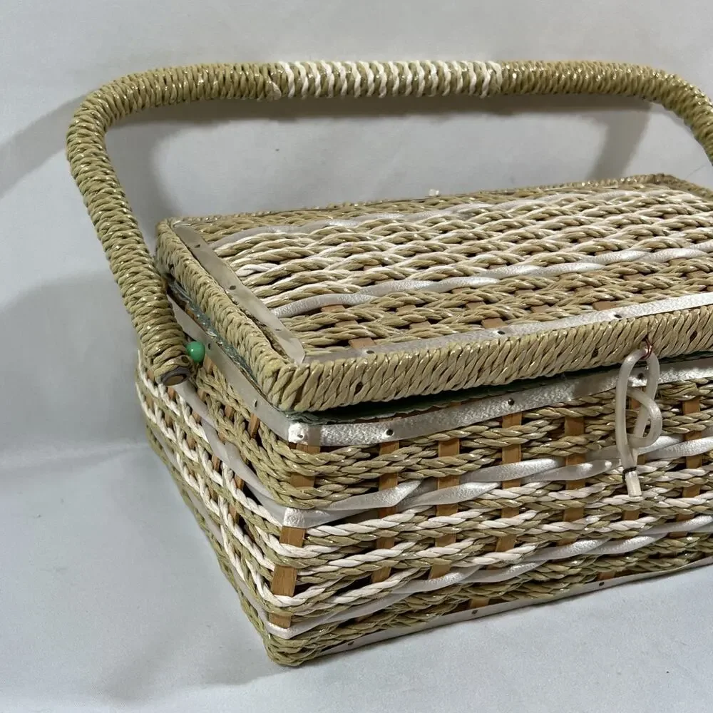 Vintage Woven Straw Wicker Sewing Basket Box Handle Satin Lining Rectangle